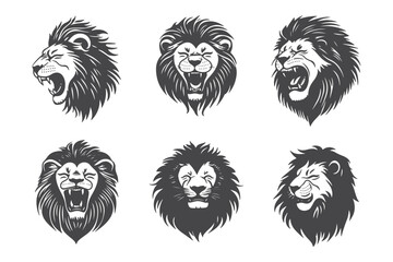 six bundle Set of black and white vector lion head icon Set vector silhouette