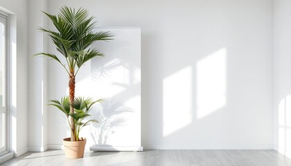 Indoor shot of room with two tall vertical roll-up banners. Sunlight casts shadows of plants on white wall. Room modern, minimalist. Empty banners provide blank template for advertisements. Space