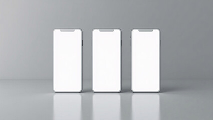 Realistic 3D Rendering of Three Mobile Phone Mockups, Displaying Modern Designs with Sleek Screens and Stylish Details in a Clean, Minimalistic Setting