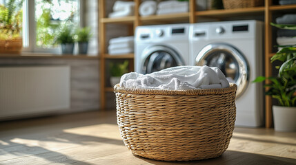 Laundry basket filled with freshly cleaned clothes in a bright laundry room with modern appliances