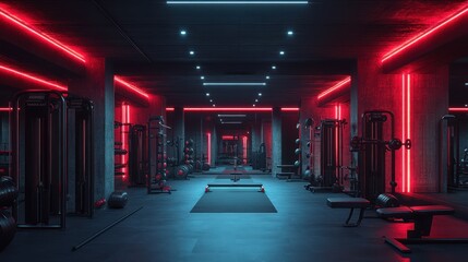 Neon-lit modern gym interior with fitness equipment.