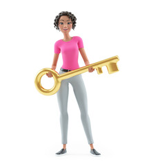 3d beautiful woman holding golden key