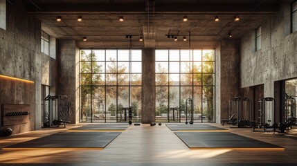 Sunlit industrial gym with large windows, workout equipment, and hardwood floor.
