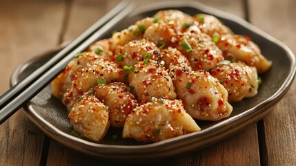 Fototapeta premium sumptuous plate of steaming dumplings sprinkled with sesame seeds and vibrant chili flakes, artistically arranged with chopsticks resting alongside, set against a rustic wooden table