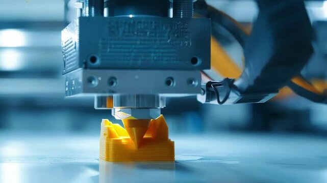 Close up of the nozzle of an industrial 3d printer extruding melted plastic filament, building a yellow object layer by layer