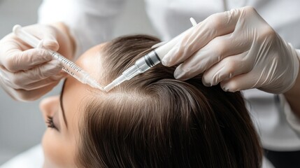 Fototapeta premium Modern salon setting with a beautician treating a client scalp with hair growth serum for a rejuvenating experience