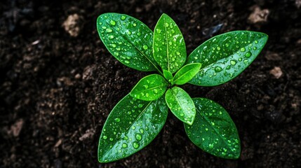 Recycling sign growing from the ground with bright green leaves and dewdrops, symbolizing environmental sustainability