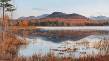 Fototapeta premium Serene Autumn Landscape with Reflective Lake Surrounded by Vibrant Fall Foliage and Peaceful Mountains in Background Under Clear Sky