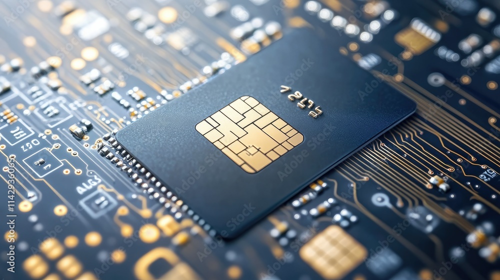 Poster secure payment concept with a digital padlock protecting a credit card on a high-tech circuit board 