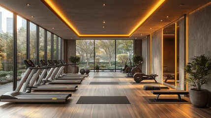 Modern gym interior with treadmills, exercise bikes, and yoga mats near large windows.