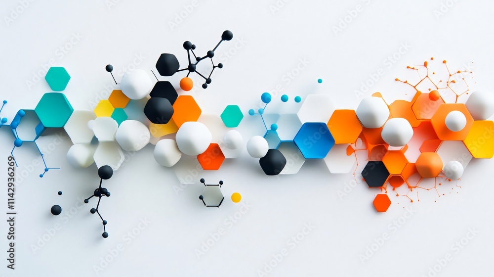 Poster abstract 3d render of colorful hexagons and molecules - science and technology concept