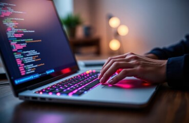 Person coding on laptop at home office. Person types on laptop keyboard. Person working on software project. Person using home office tech tools. Focus on hands, laptop. Home office environment.
