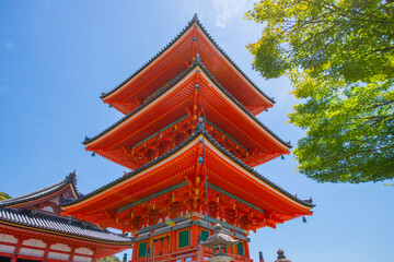 Koyasunoto (Three storey pagoda) in Kiyomizu-dera (Pure Water Monastery) Temple. This temple is a UNESCO World Heritage Site Buddhist temple in eastern Kyoto, Japan. 