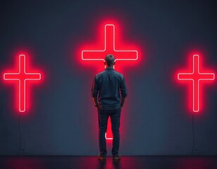 Man faces neon red crosses on wall. Stands in dark urban setting. Red neon light crosses suggest dilemma choice. Scene conveys sense of uncertainty, doubt. Looks at future, lost in thought. Moody