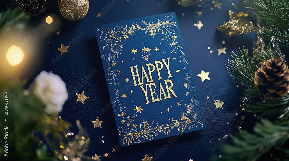 Fototapete vertical happy new year card with happy new year in elegant gold script on a midnight blue backgroun