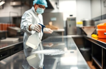 Employee in protective gear sanitizes kitchen countertop. Spray bottle used for thorough cleaning. Focus on hygiene, food safety in pro kitchen. Ensuring food handling requirements met. Modern