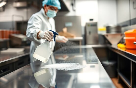 Employee in protective gear sanitizes kitchen countertop. Spray bottle used for thorough cleaning. Focus on hygiene, food safety in pro kitchen. Ensuring food handling requirements met. Modern