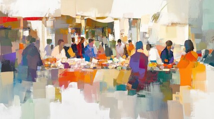 Vibrant painting of a bustling marketplace, showcasing diverse people shopping and vendors selling produce.
