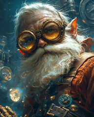 wise gnome inventor with glowing goggles in a bustling steampunk lab