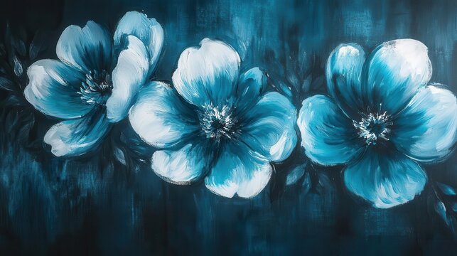 textured teal-painted flowers against a dark moody background, creating a striking contrast that evokes feelings of mystery and depth with a sophisticated artistic touch
