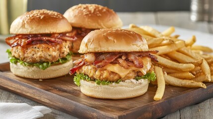three gourmet sliders featuring cheese and bacon, pulled pork, and a crab cake, artfully arranged on a platter with a side of crispy fries, capturing the essence of indulgent dining