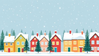 Obraz premium Festive winter scene shows houses, pine trees covered in snow. Colorful buildings with snow-covered roofs line street. Soft snowfall, light blue sky creates cozy holiday atmosphere. Christmas season