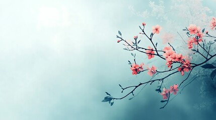 Delicate Peach Blossoms Branching Softly Against A Misty Sky