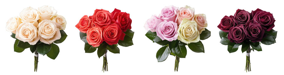 four bouquets of roses in different colors white. red. pink. and dark purple. isolated on transparent background