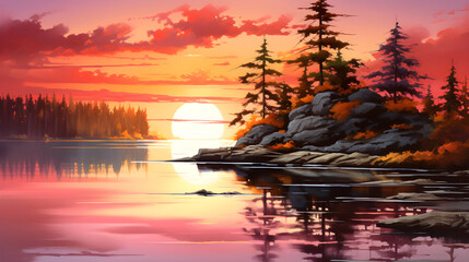 Enchanting Twilight: Resplendent Sunset Over Serene Waters' Scenic Silhouettes