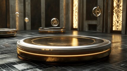 Obraz premium Futuristic 3D Rendering of Floating Orbs Above Circular Platforms in an Elegant Interior Space with Golden Accents and Mystical Atmosphere