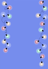 Beautiful curvy strings of shining garland lights on vertical background. New year, christmas, birthday or wedding vector template with empty space for text.