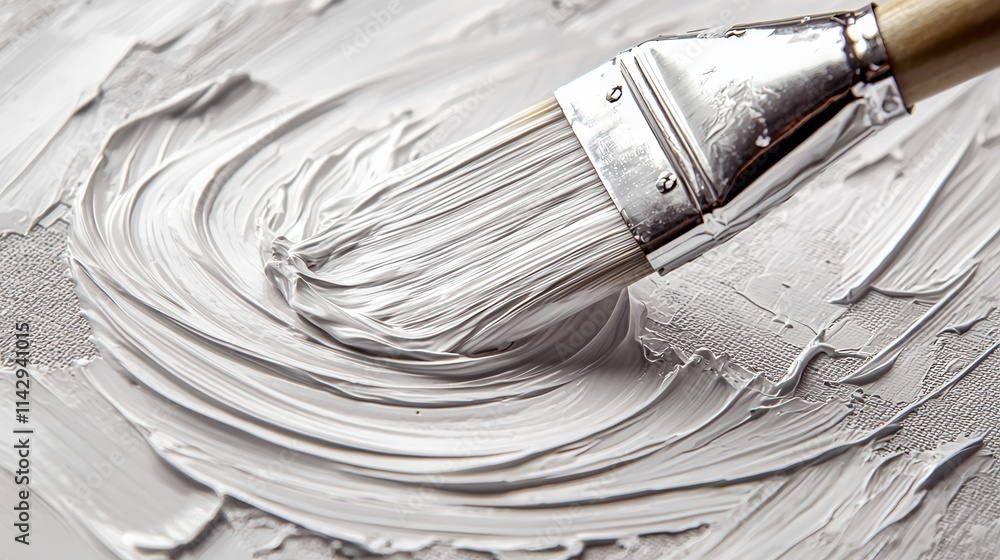 Poster painting technique using a brush to apply textured white paint on the surface in a studio setting du