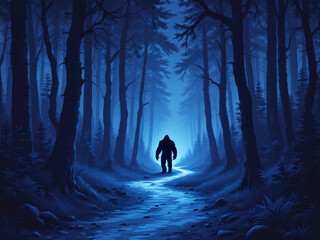 Misty forest with legendary Bigfoot