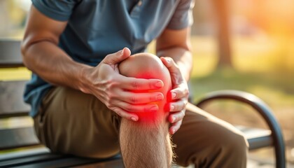 Man sits outdoors holding painful knee. Red highlight emphasizes knee injury. Possible scenarios for photo include health awareness campaigns for sports injuries, injury prevention in active