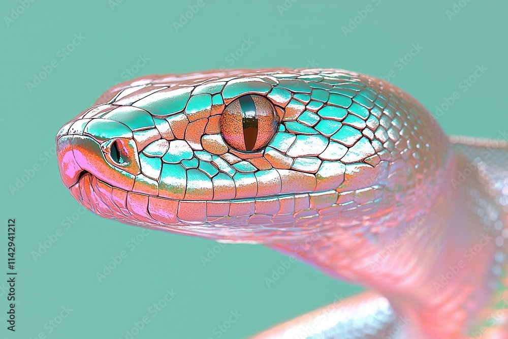 Poster colorful close-up of a snake showcasing iridescent scales and an alert expression against a smooth b