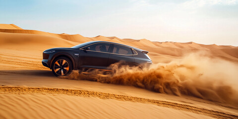 Modern electric vehicle navigating sandy desert landscape
