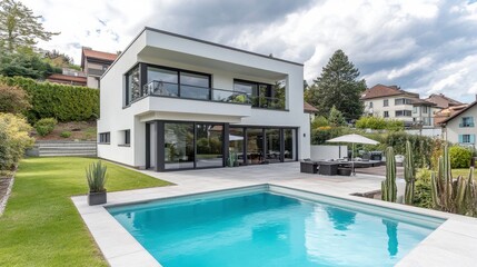 Fototapeta premium Modern Minimalist House with Swimming Pool Surrounded by Lush Greenery and Scenic Landscape under Dramatic Cloudy Sky