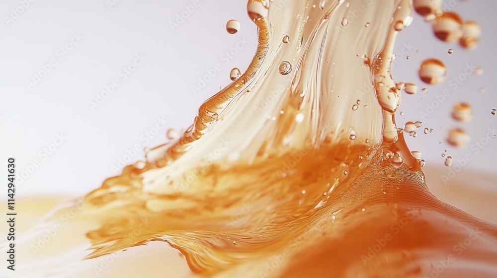 Poster fluid dynamics of amber liquid splashing against a white background at high speed in a studio settin