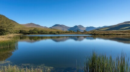 tranquil lake nestled in majestic mountains, reflecting the clear blue sky and surrounding nature, capturing the peaceful essence of a serene outdoor escape