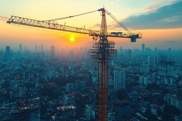 Sunset Over Construction Crane in Urban Landscape