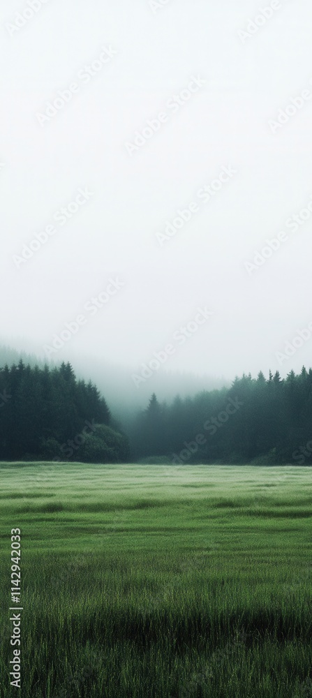 Poster misty morning over a tranquil meadow with dark green trees in the background and soft fog rolling in