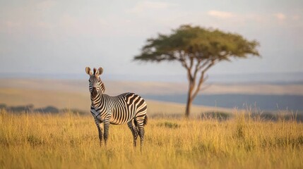 Obraz premium A lone Grevy's zebra stands in a golden savanna grassland at sunset, with a lone acacia tree in the background.