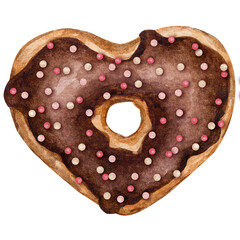 Heart shaped donut with chocolate icing. Sweet dessert for Valentine's Day. Design elements for cards, greetings, menus, etc. Watercolor illustration isolated on transparent background.