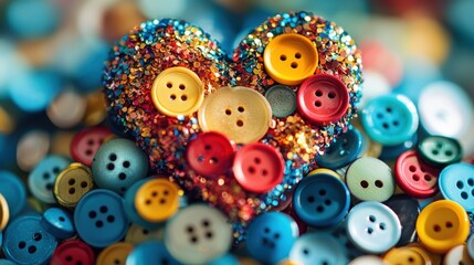 Fototapeta premium Colorful heart-shaped buttons highlight creativity and craft in close-up