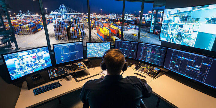 Container terminal operations at night in a busy port