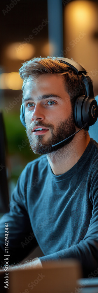Poster engaging young man using headset while focused on computer at modern workspace during evening hours