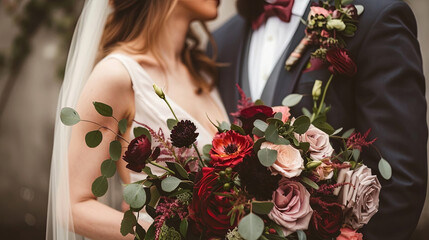 Captured in a romantic moment, this wedding photo showcases a couple with a stunning bouquet of deep red