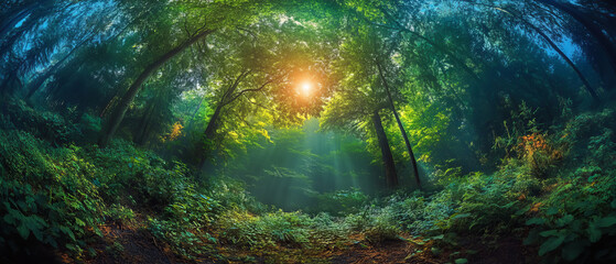 Fototapeta premium Sunlit Forest Path: Lush Green Canopy, Vibrant Nature Photography