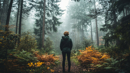 Fototapeta premium Forest, Fog, Person, Nature, Confinement