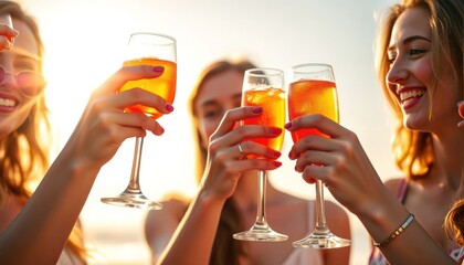 Three young women toast with Spritz cocktails at sunset. Happy, joyful. Photo shows summer celebration of friendship, vacation. Sunlight bathes in warm golden light. Outdoors on terrace patio of bar
